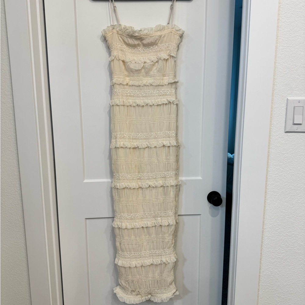 House of CB Cream Ruffled Tiered Slip Dress